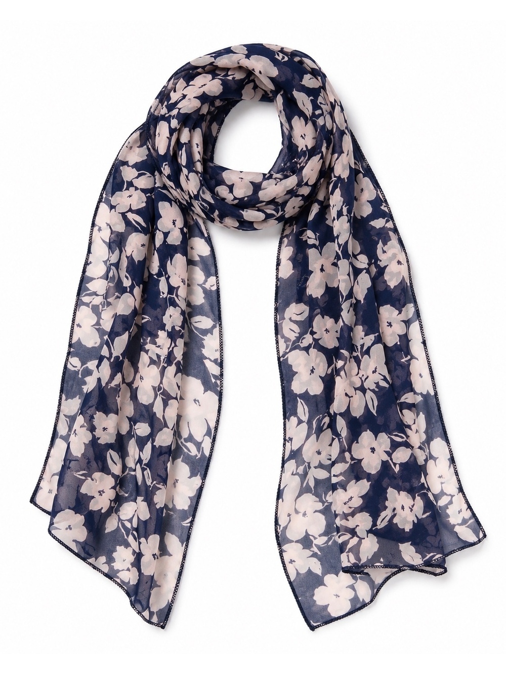Navy & Pale Pink Floral Lightweight Scarf 67” x 8” - Picture 6 of 6